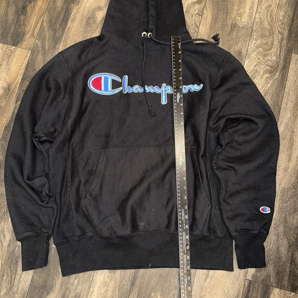Champion Fleece Hoodie Reverse Weave Script Logo Men's Size M Black 3D Floss